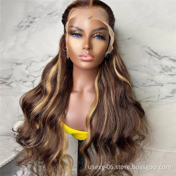 Wholesale brazilian body wave piano wig hd transparent lace front virgin human hair wigs honey blonde highlight lace front wig